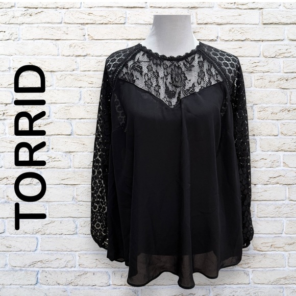 NWT Torrid Deep Black Georgette Mock Neck Lace Yoke Long Sleeve Blouse Size 1X - Picture 1 of 6